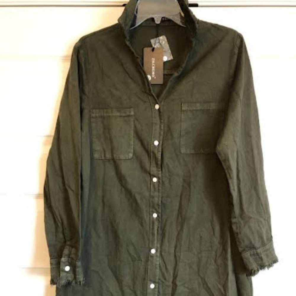 NWT ZILCREMO Frayed Edges Denim Shirt Mini Dress Long Sleeve Dark Olive M - Picture 3 of 8